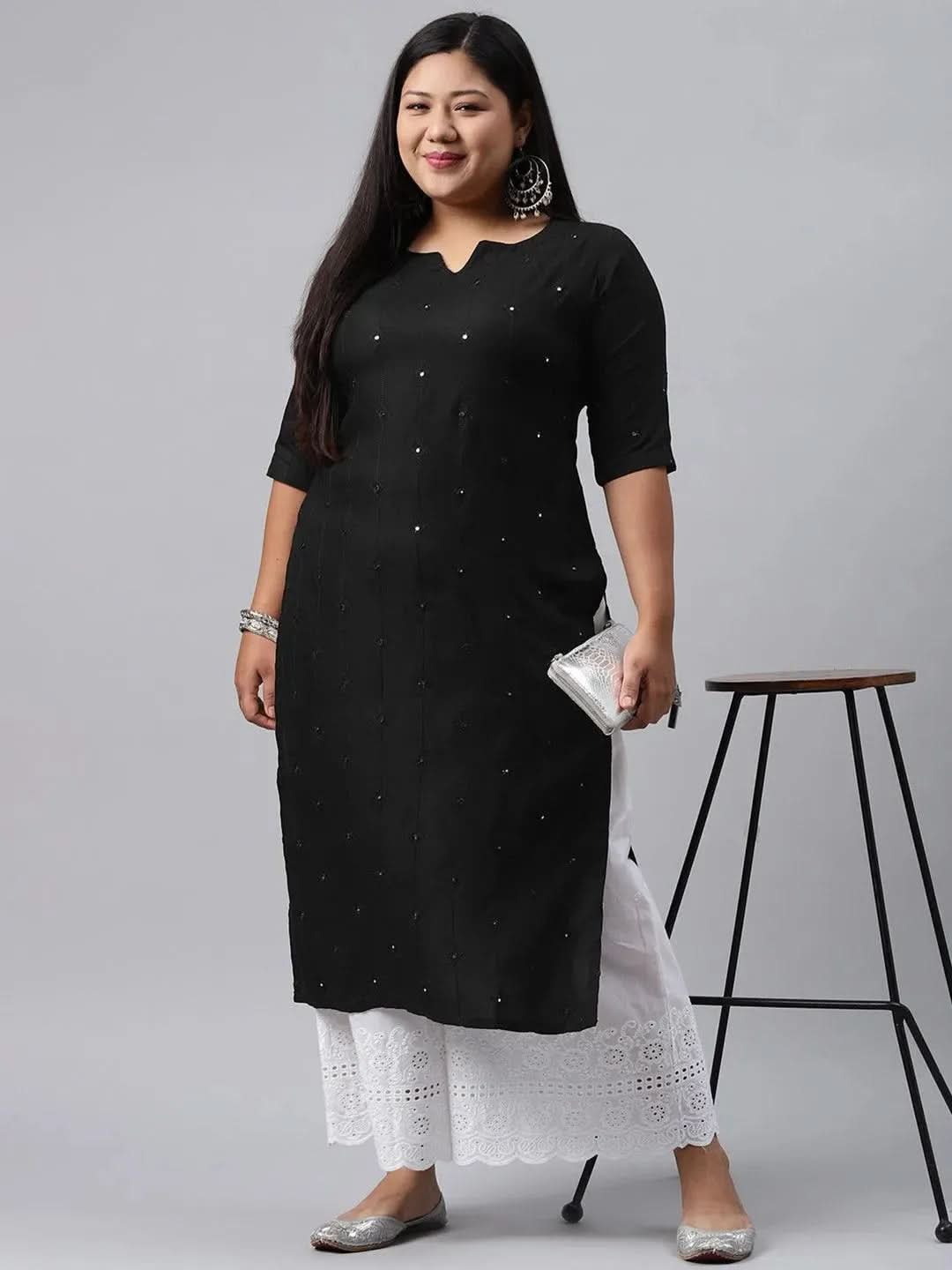 

Plus Size Black Embroidered Rayon Kurta