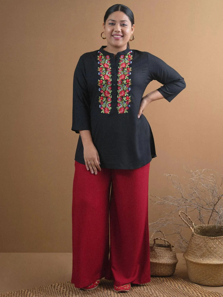 Plus Size Black Embroidered Rayon Kurti - Libas