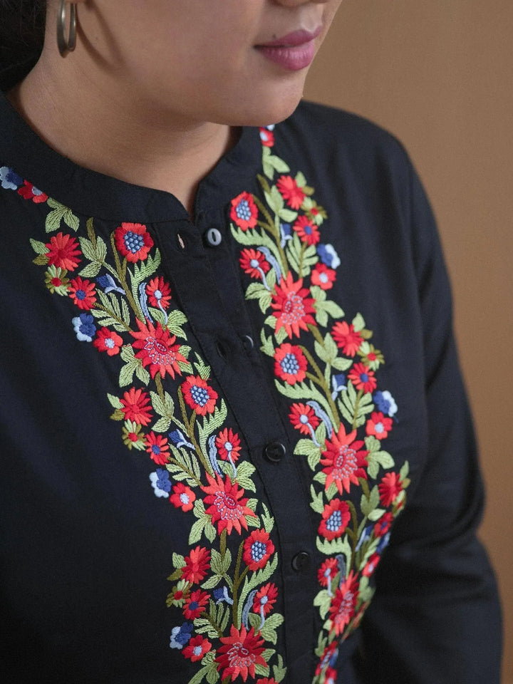 Plus Size Black Embroidered Rayon Kurti - Libas