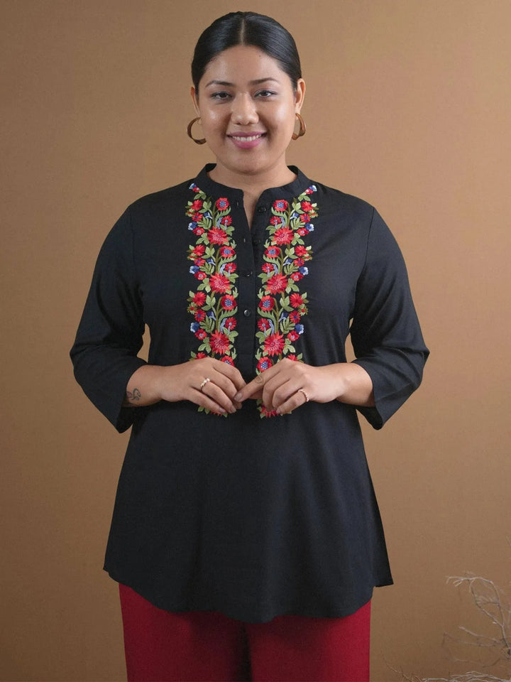 Plus Size Black Embroidered Rayon Kurti - Libas