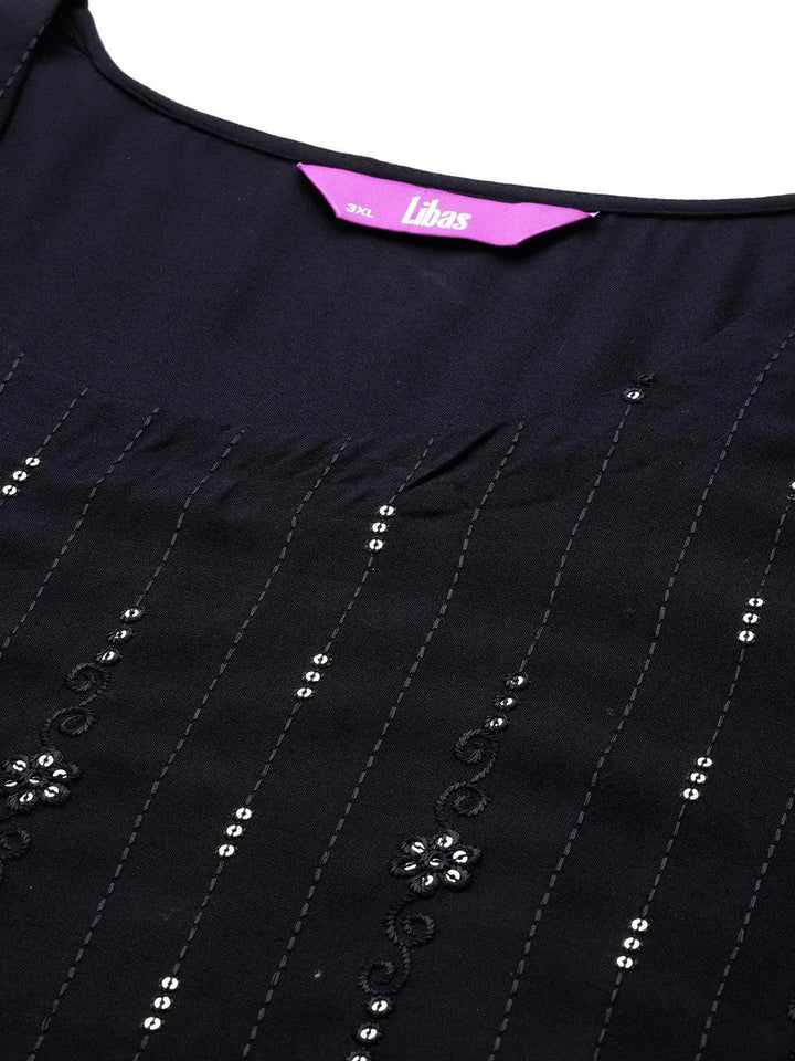 Plus Size Black Embroidered Rayon Straight Kurta - Libas