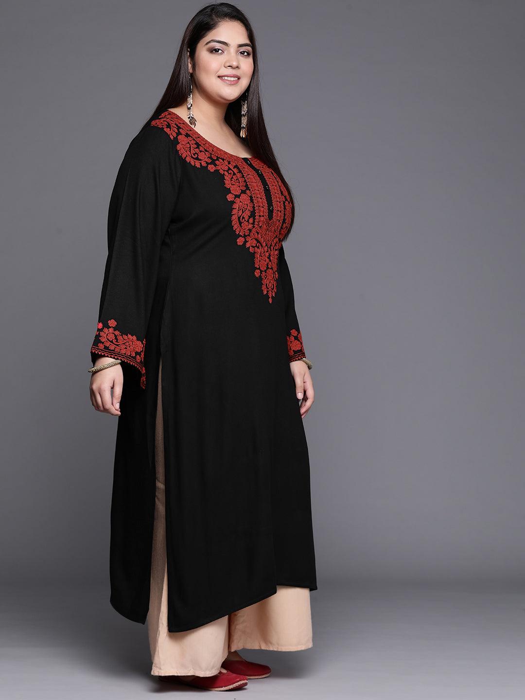 Plus Size Black Embroidered Wool Kurta - Libas