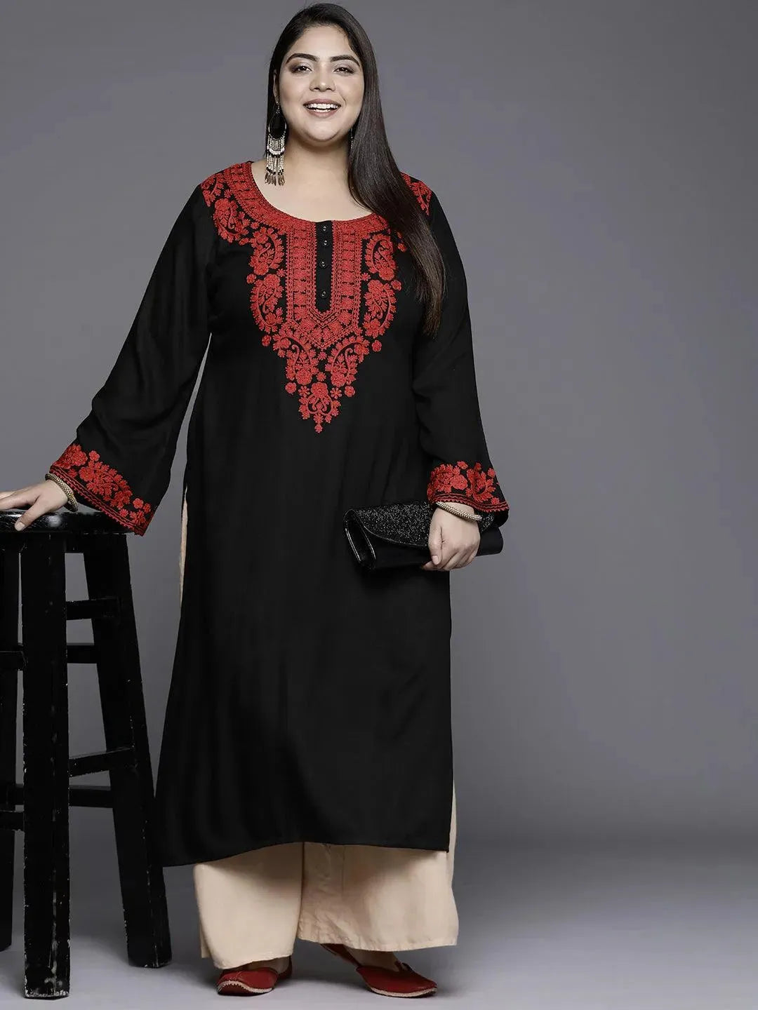 Plus Size Black Embroidered Wool Kurta - Libas