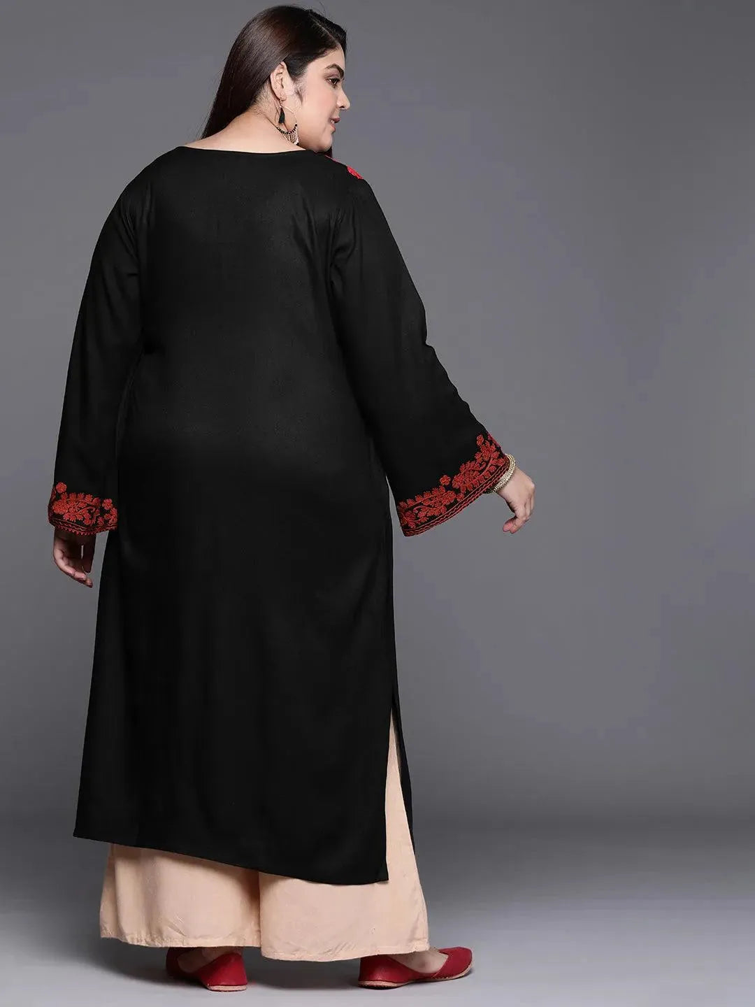 Plus Size Black Embroidered Wool Kurta - Libas