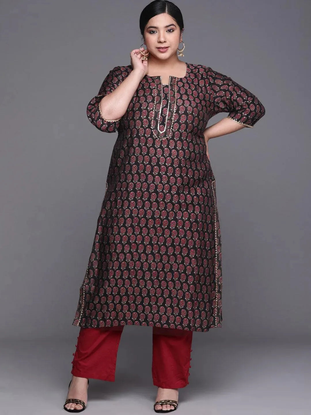 Plus Size Black Printed Chanderi Silk Kurta - Libas