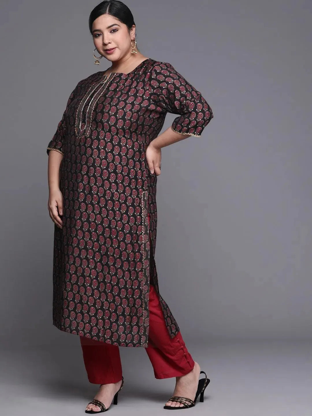 Plus Size Black Printed Chanderi Silk Kurta - Libas