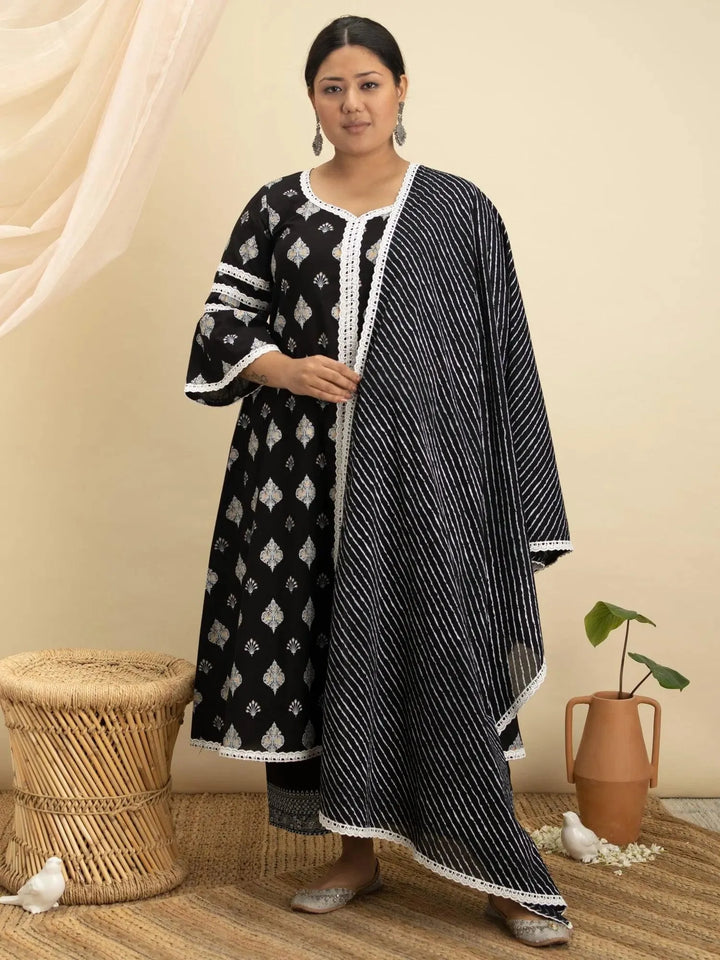 Plus Size Black Printed Cotton Suit Set - Libas