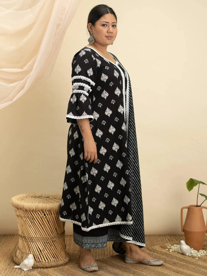 Plus Size Black Printed Cotton Suit Set - Libas