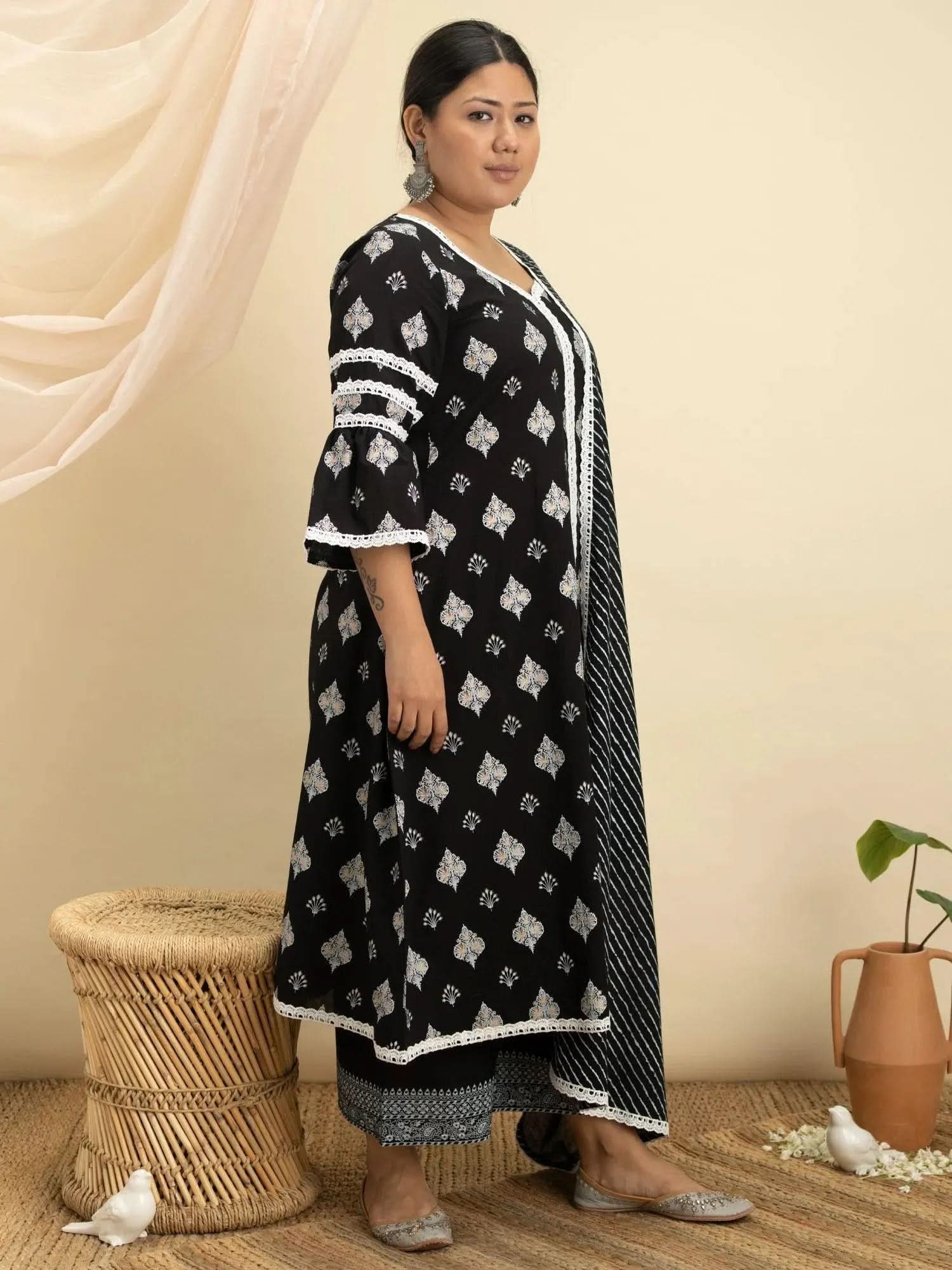 

Buy Black Cotton Printed A-line Kurta With Cotton Palazzo And Dupatta Online