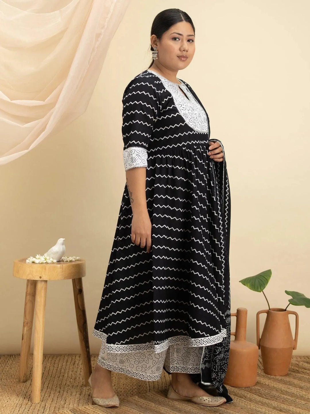 Plus Size Black Printed Cotton Suit Set - Libas