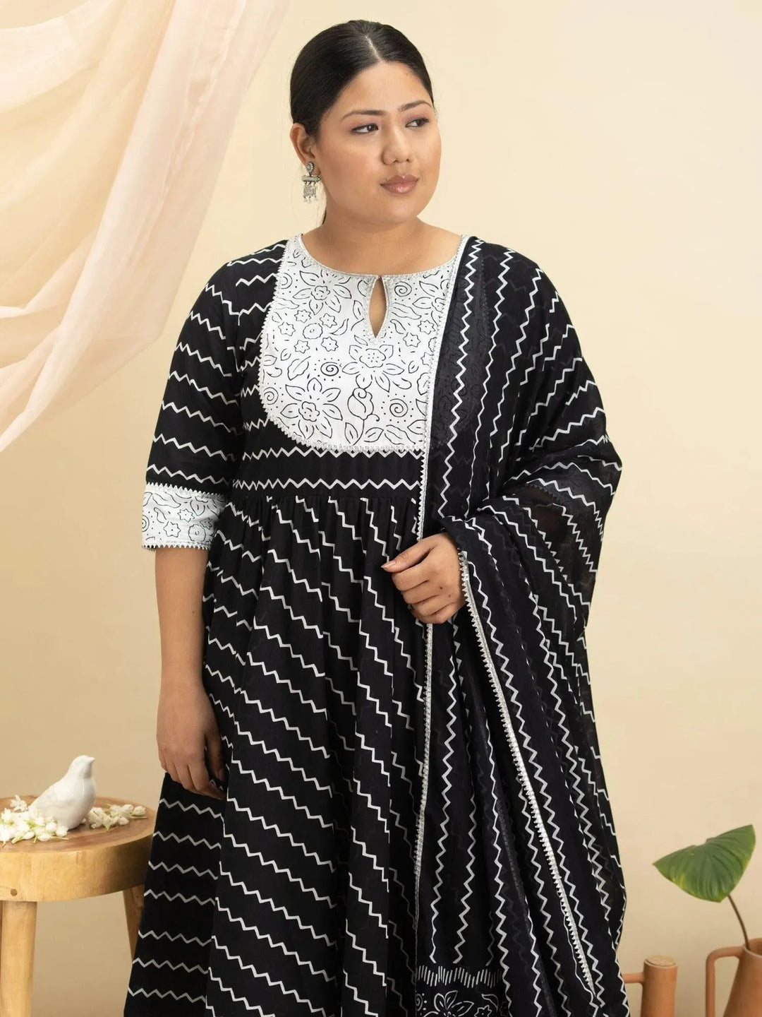 Plus Size Black Printed Cotton Suit Set - Libas