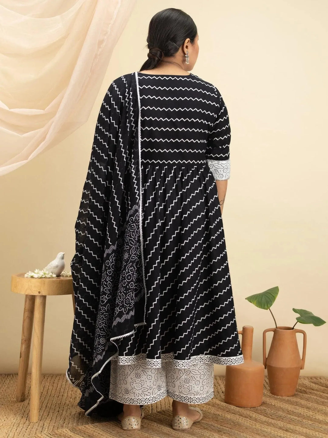 Plus Size Black Printed Cotton Suit Set - Libas 