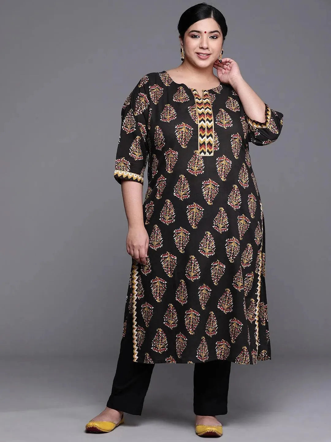 Plus Size Black Printed Cotton Kurta - Libas 