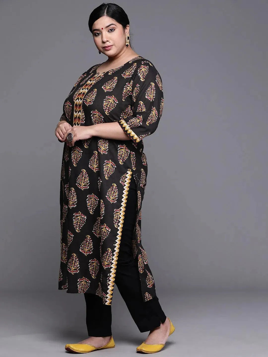 Plus Size Black Printed Cotton Kurta - Libas 