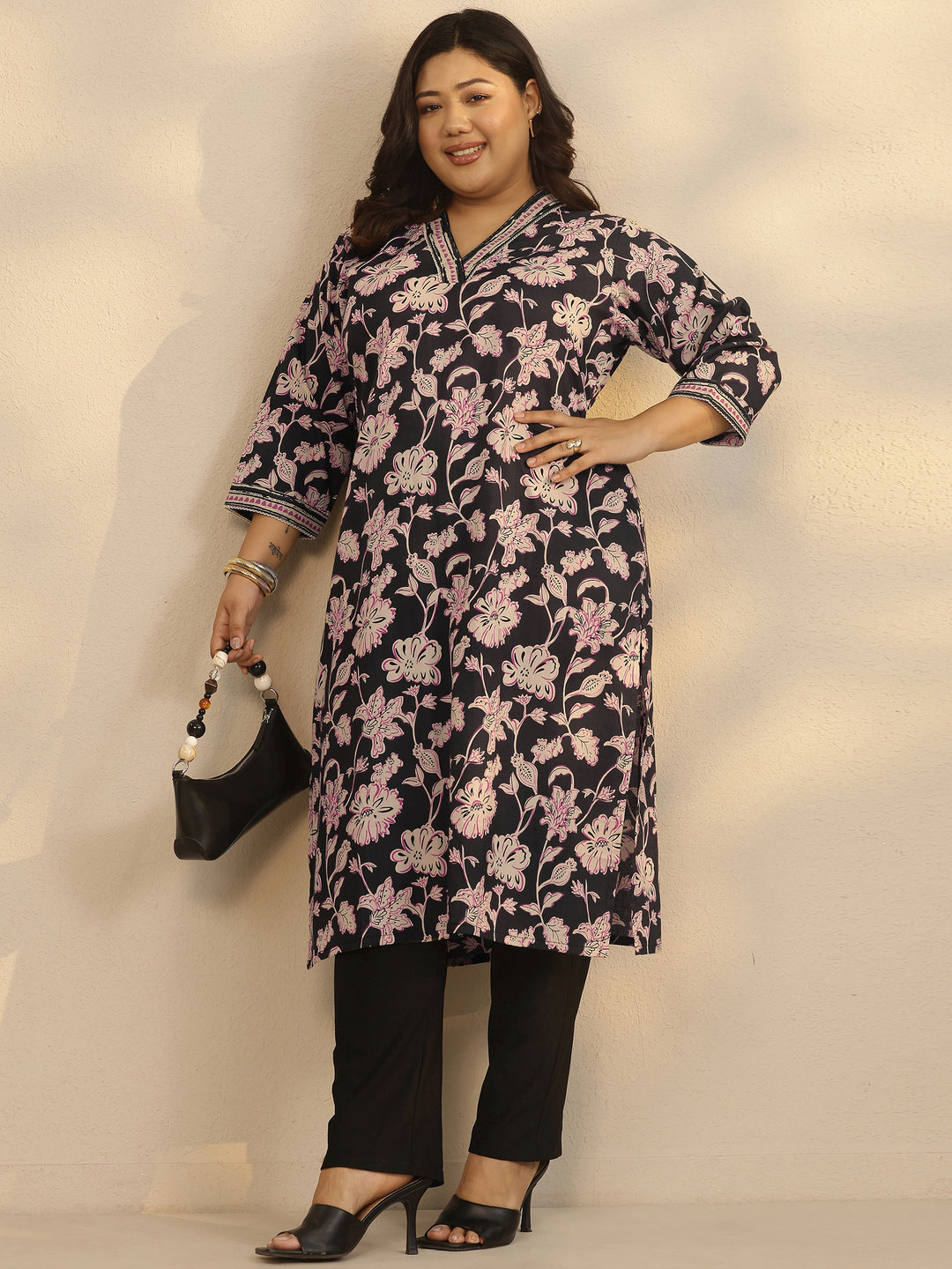Plus Size Black Printed Cotton Straight Kurta