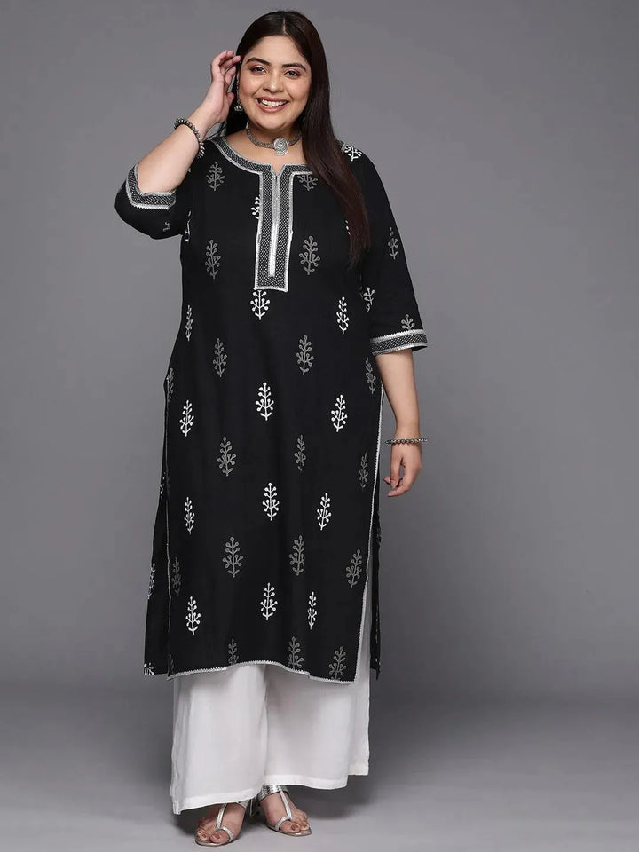 Plus Size Black Printed Cotton Straight Kurta - Libas