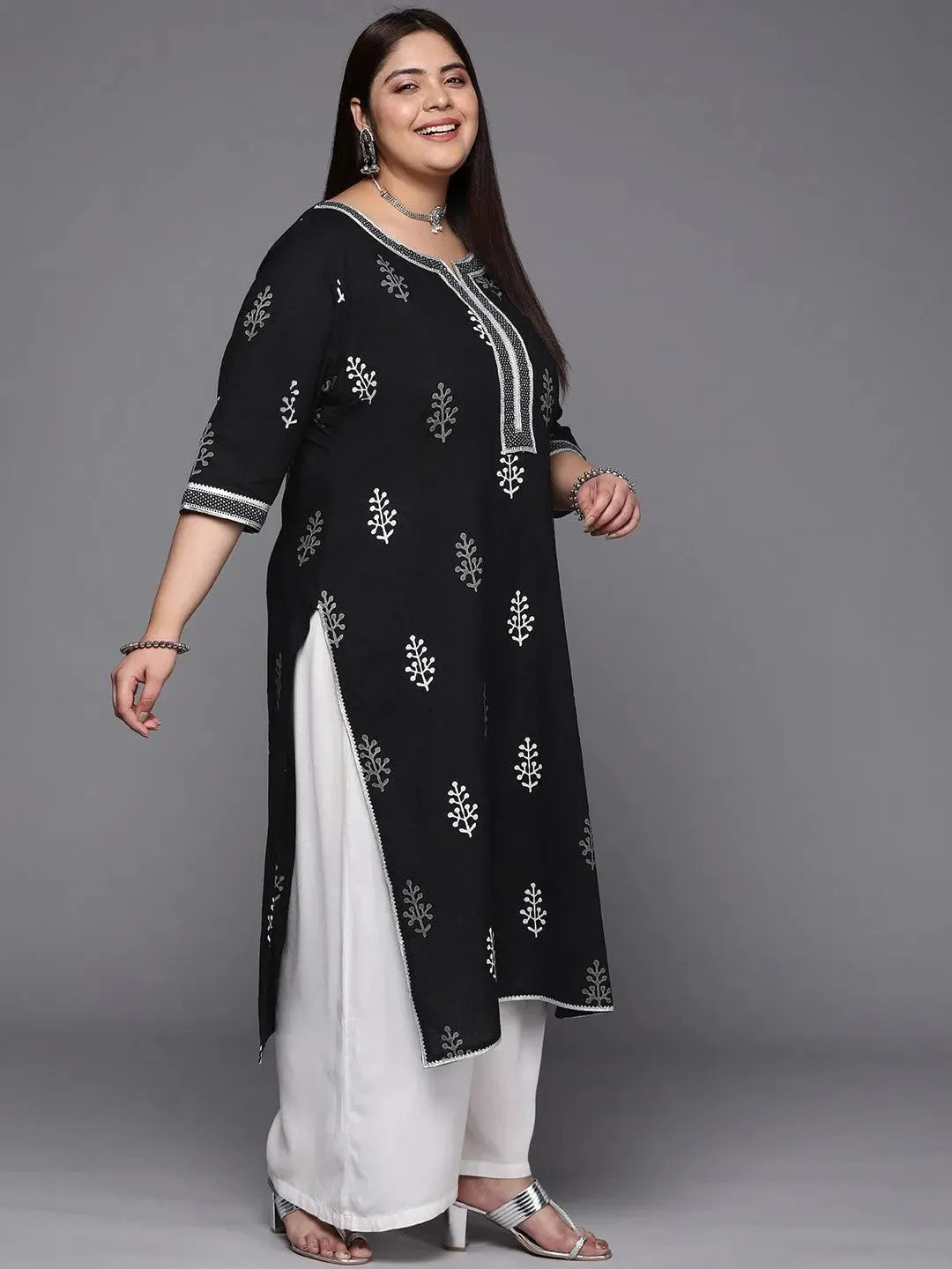 Plus Size Black Printed Cotton Straight Kurta - Libas