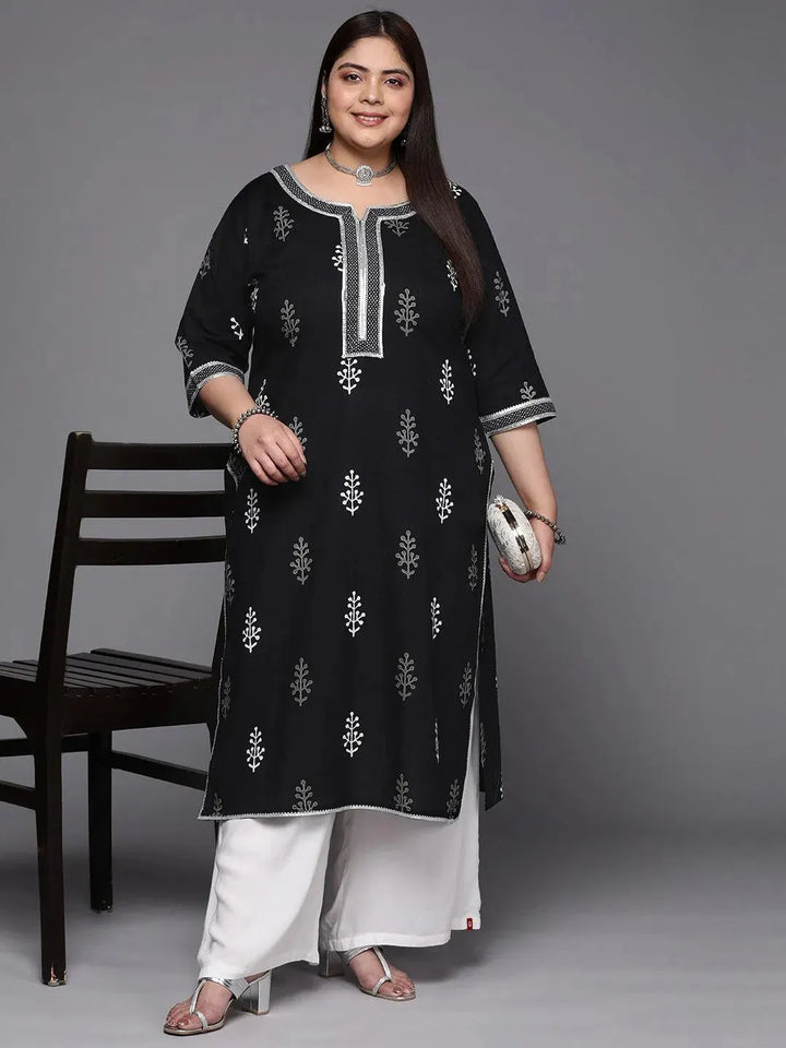 Plus Size Black Printed Cotton Straight Kurta - Libas