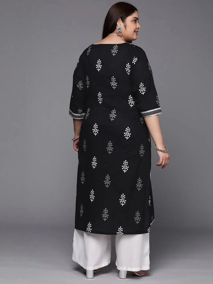 Plus Size Black Printed Cotton Straight Kurta - Libas