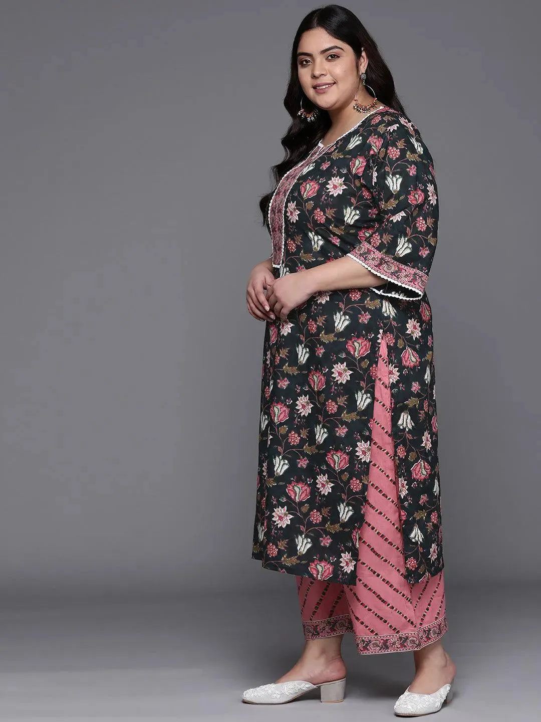 Plus Size Black Printed Cotton Suit Set - Libas