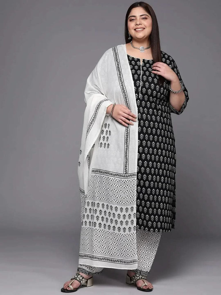 Buy Plus Size Black Printed Cotton Straight Kurta With Salwar