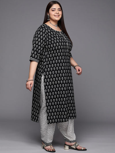 Plus Size Black Printed Cotton Suit Set With Salwar - Libas