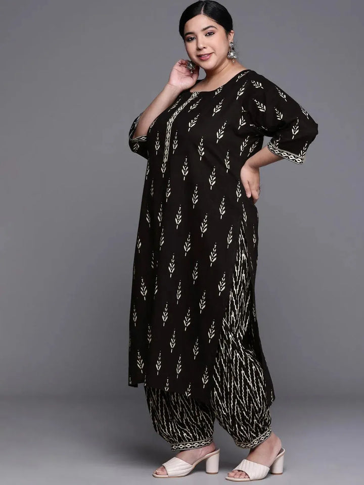 Plus Size Black Printed Cotton Suit Set - Libas