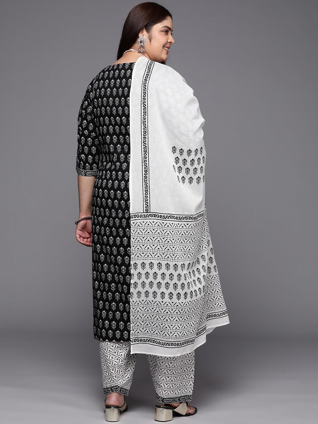 Plus Size Black Printed Cotton Suit Set With Salwar - Libas