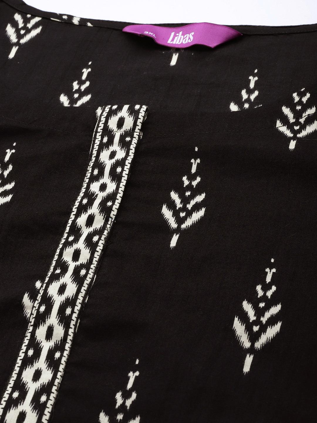 Plus Size Black Printed Cotton Straight Kurta With Salwar & Dupatta