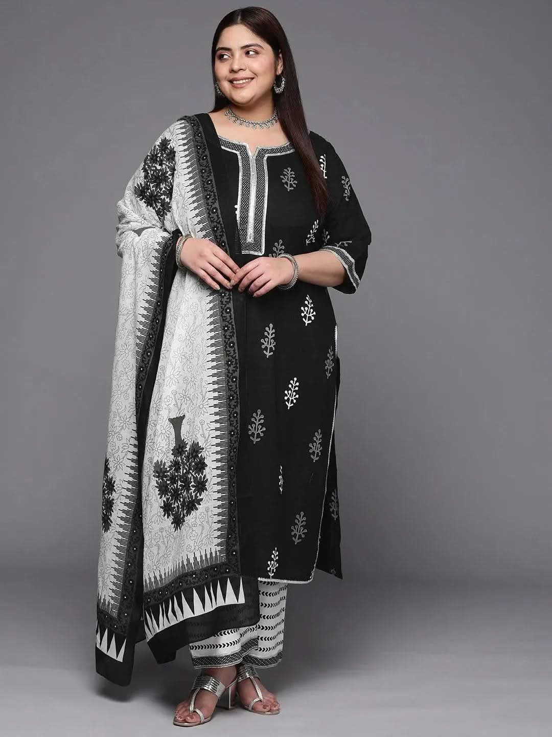 Plus Size Black Printed Cotton Suit Set With Trousers - Libas