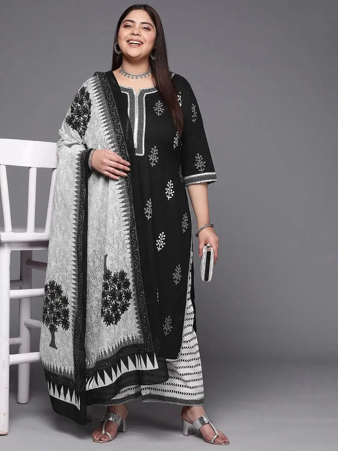 Plus Size Black Printed Cotton Suit Set With Trousers - Libas 
