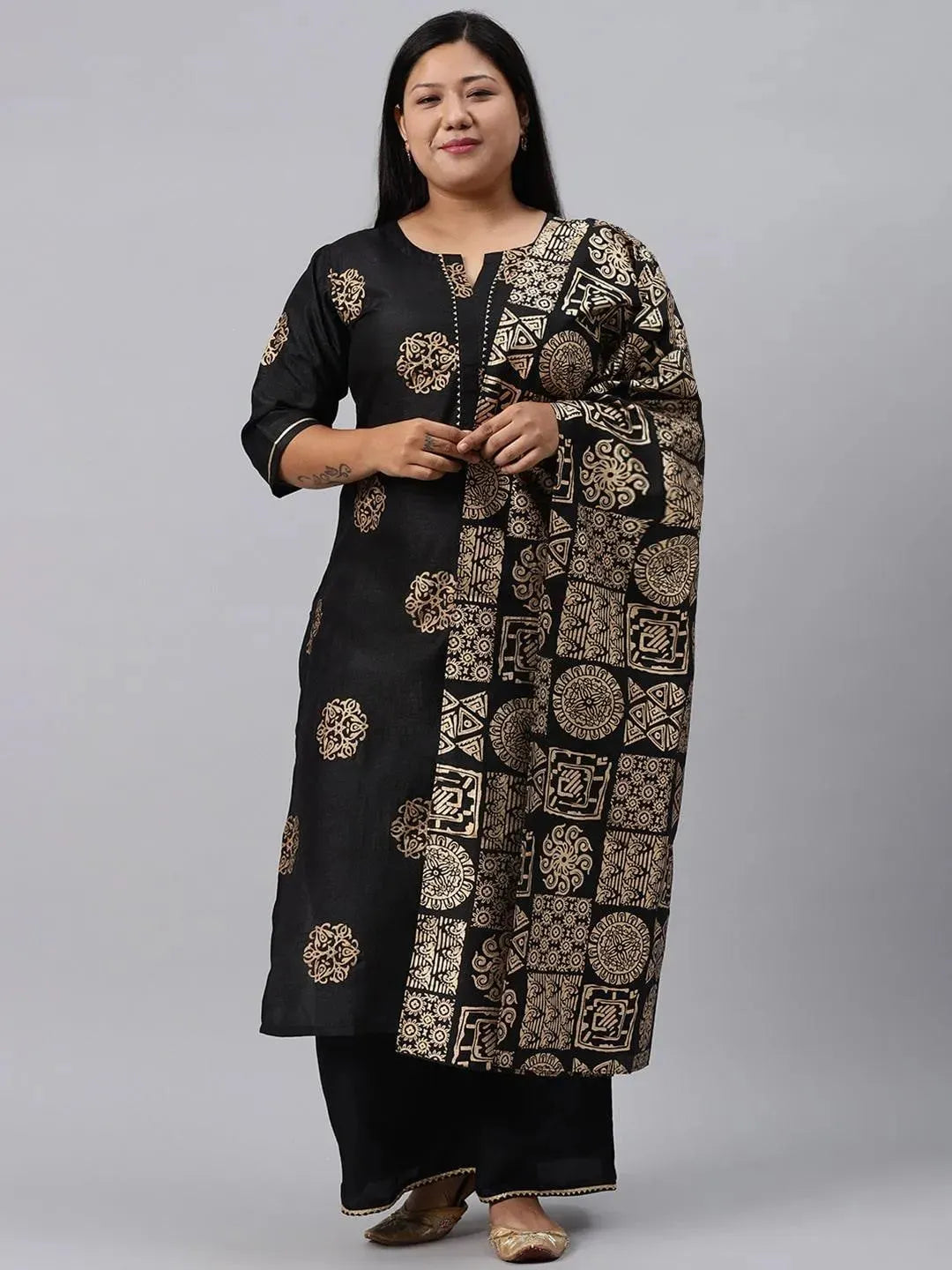 Plus Size Black Printed Silk Blend Suit Set - Libas 