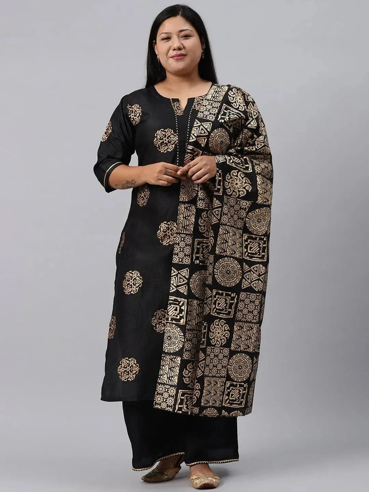 Plus Size Black Printed Silk Blend Suit Set - Libas