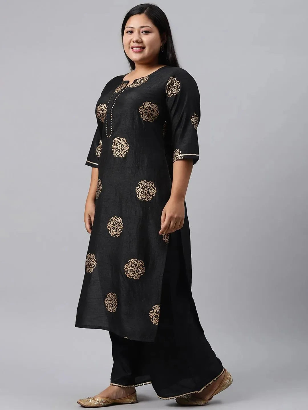 Plus Size Black Printed Silk Blend Suit Set - Libas 