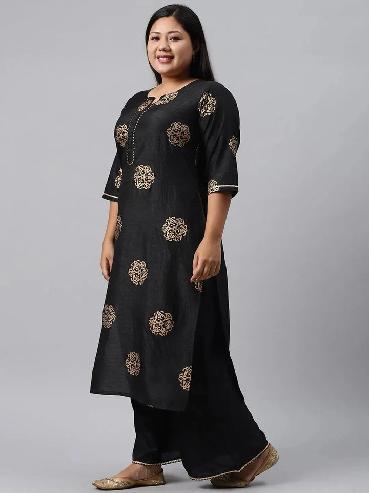 Plus Size Black Printed Silk Blend Suit Set - Libas