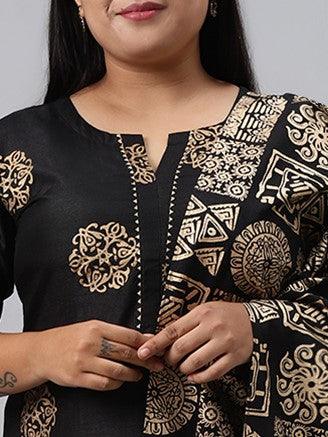 Plus Size Black Printed Silk Blend Suit Set - Libas