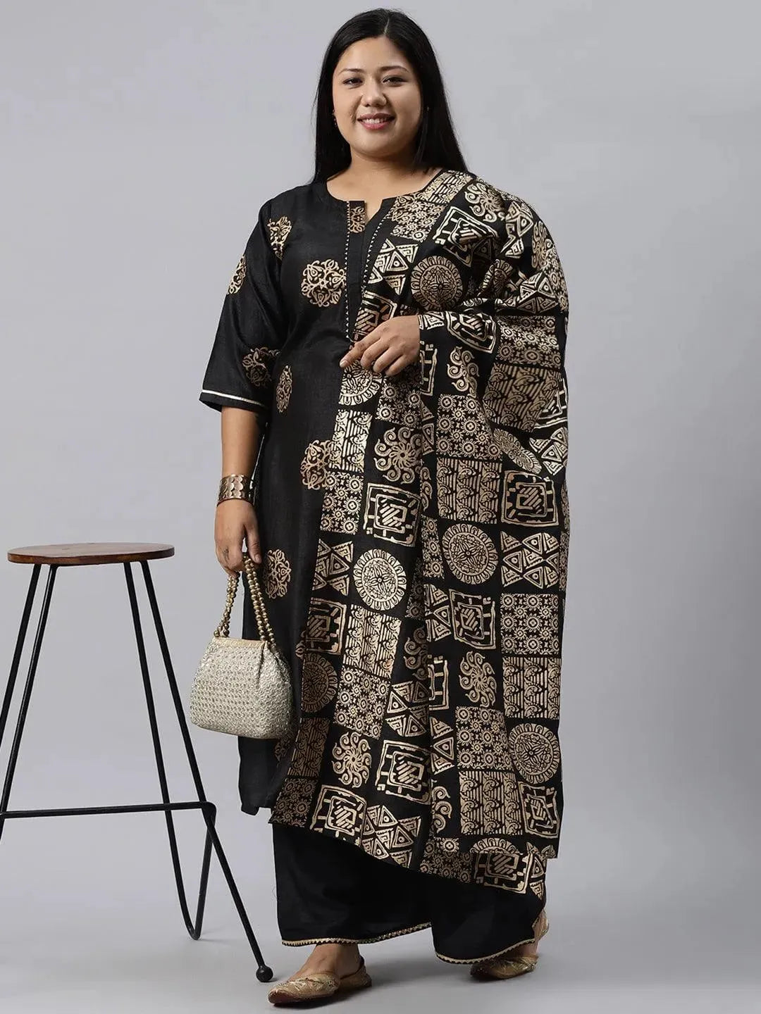 Plus Size Black Printed Silk Blend Suit Set - Libas 