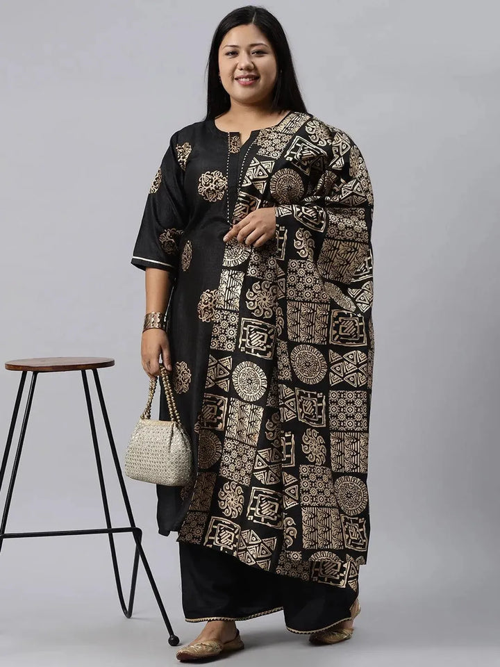 Plus Size Black Printed Silk Blend Suit Set - Libas