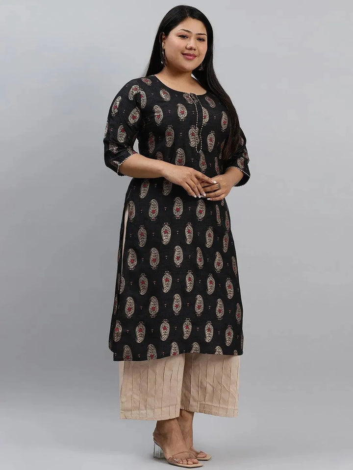 Plus Size Black Printed Silk Kurta - Libas
