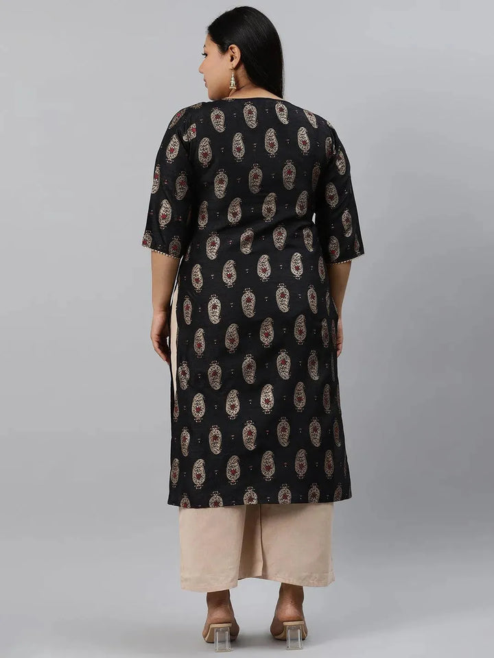 Plus Size Black Printed Silk Kurta - Libas