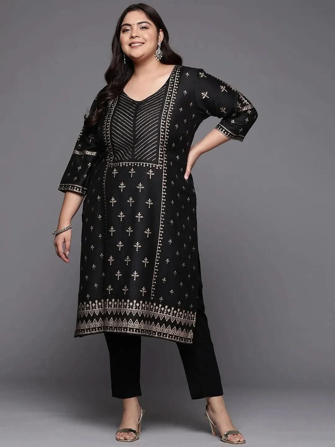 Plus Size Black Printed Silk Straight Kurta - Libas 