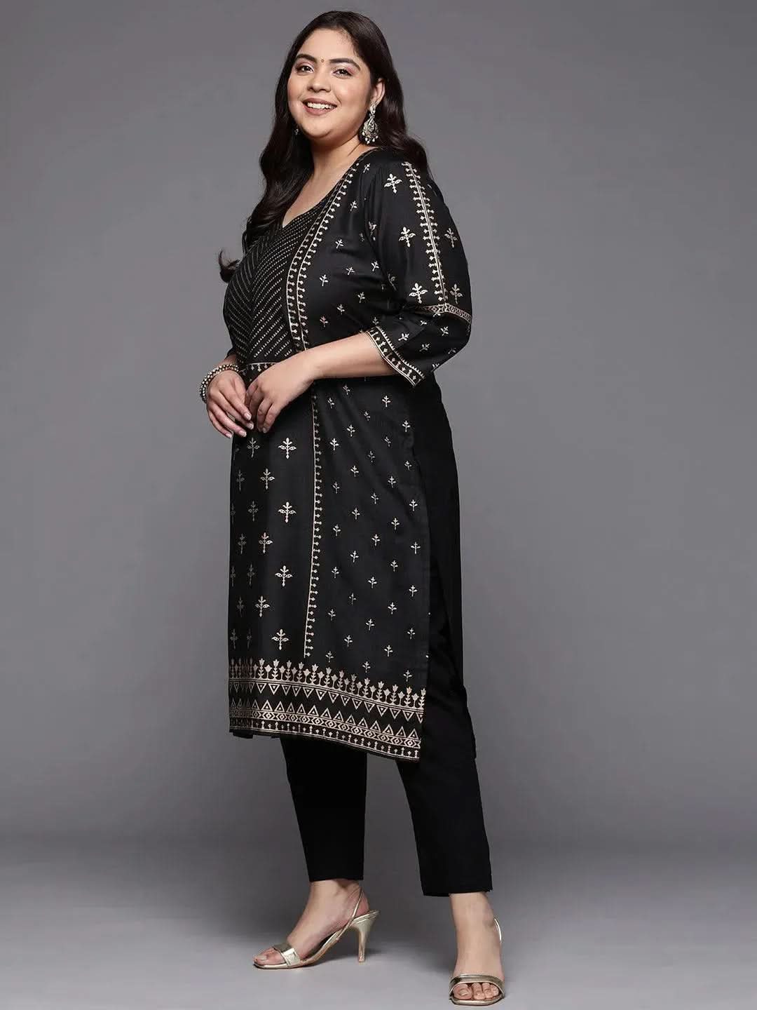 Plus Size Black Printed Silk Straight Kurta - Libas 