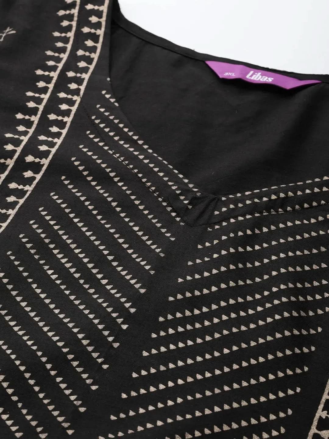 Plus Size Black Printed Silk Straight Kurta - Libas 
