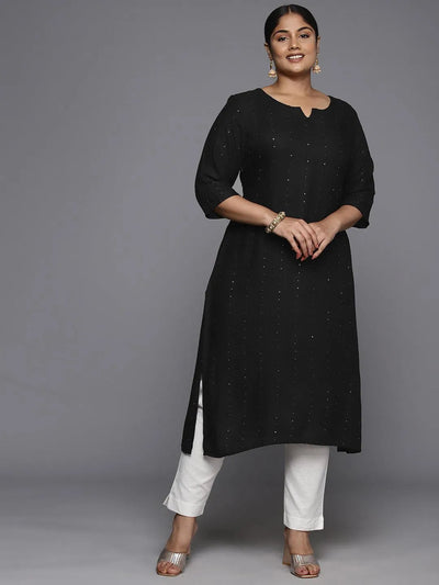 Plus Size Black Rayon Embroidered Straight Kurta - Libas