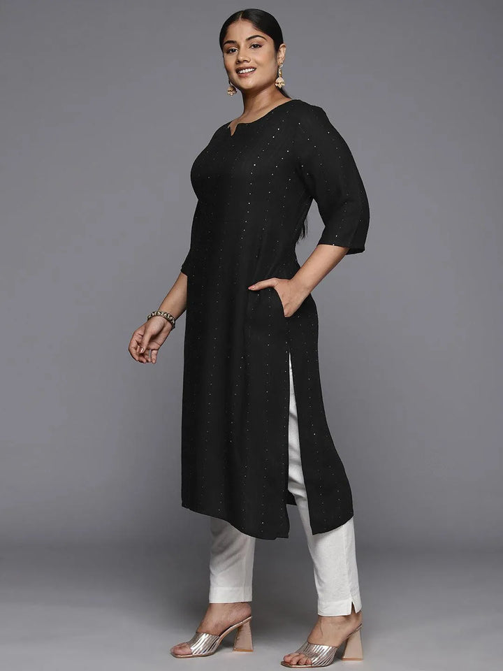 Plus Size Black Rayon Embroidered Straight Kurta - Libas