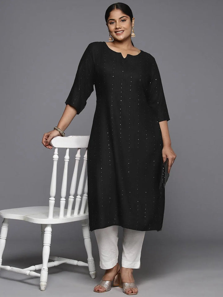 Plus Size Black Rayon Embroidered Straight Kurta - Libas