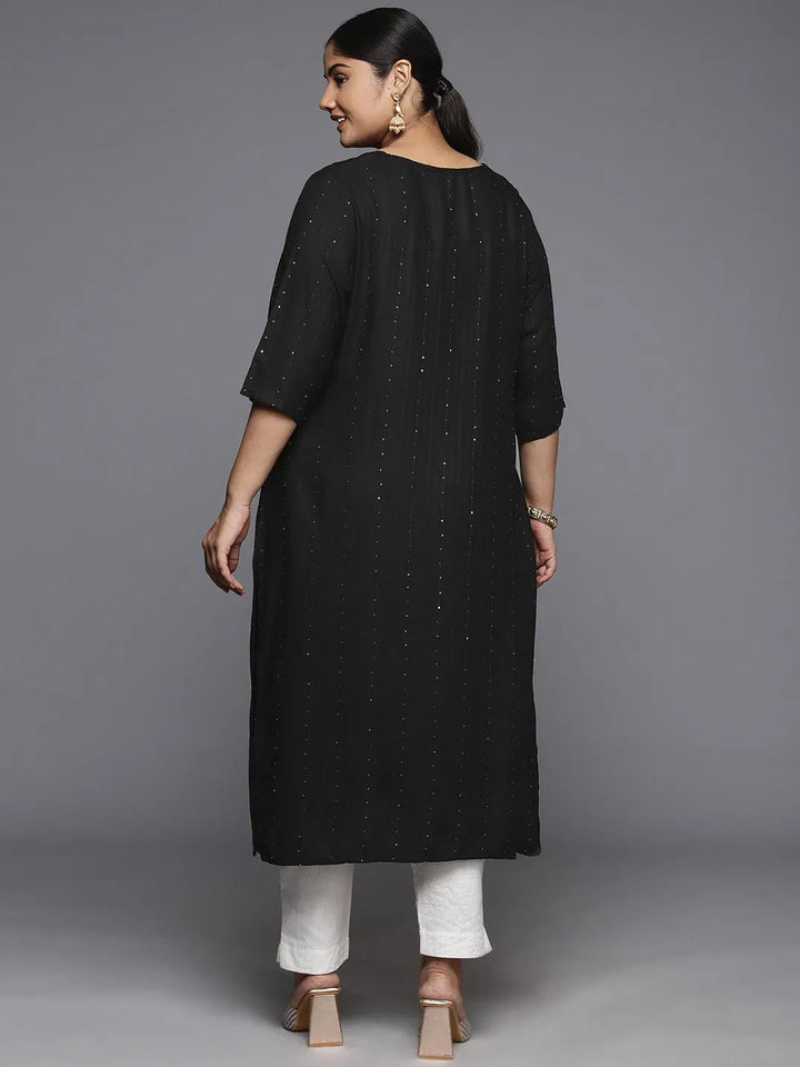 Plus Size Black Rayon Embroidered Straight Kurta - Libas