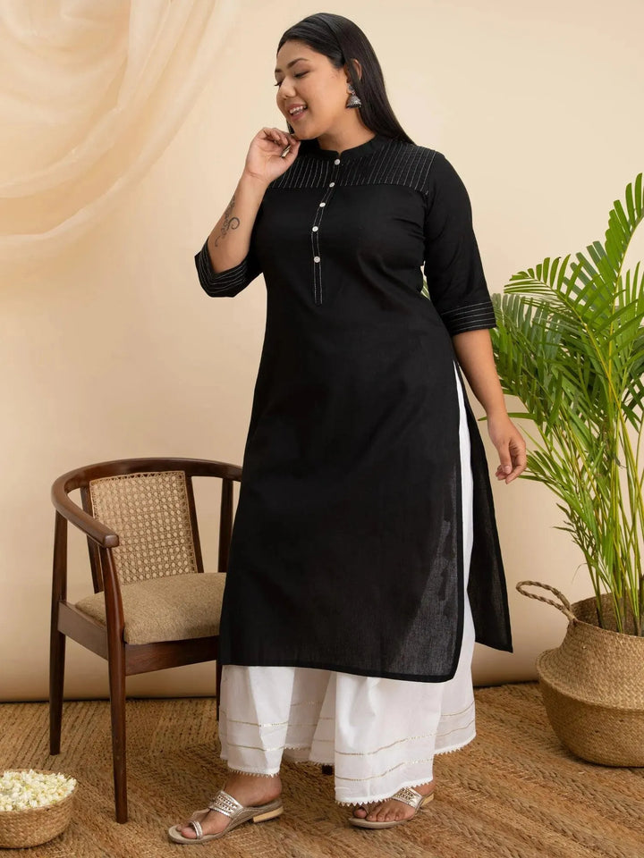Plus Size Black Solid Cotton Kurta - Libas