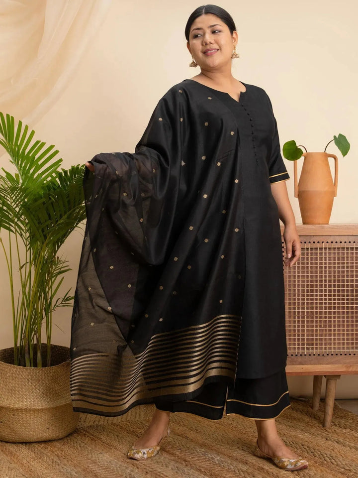 Plus Size Black Solid Cotton Suit Set - Libas