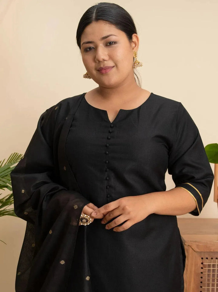 Plus Size Black Solid Cotton Suit Set - Libas